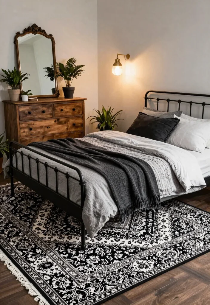 17 Black and White Rug Bedroom Ideas With Bold Contrast - 3. Vintage Vibes with a Modern Twist 1