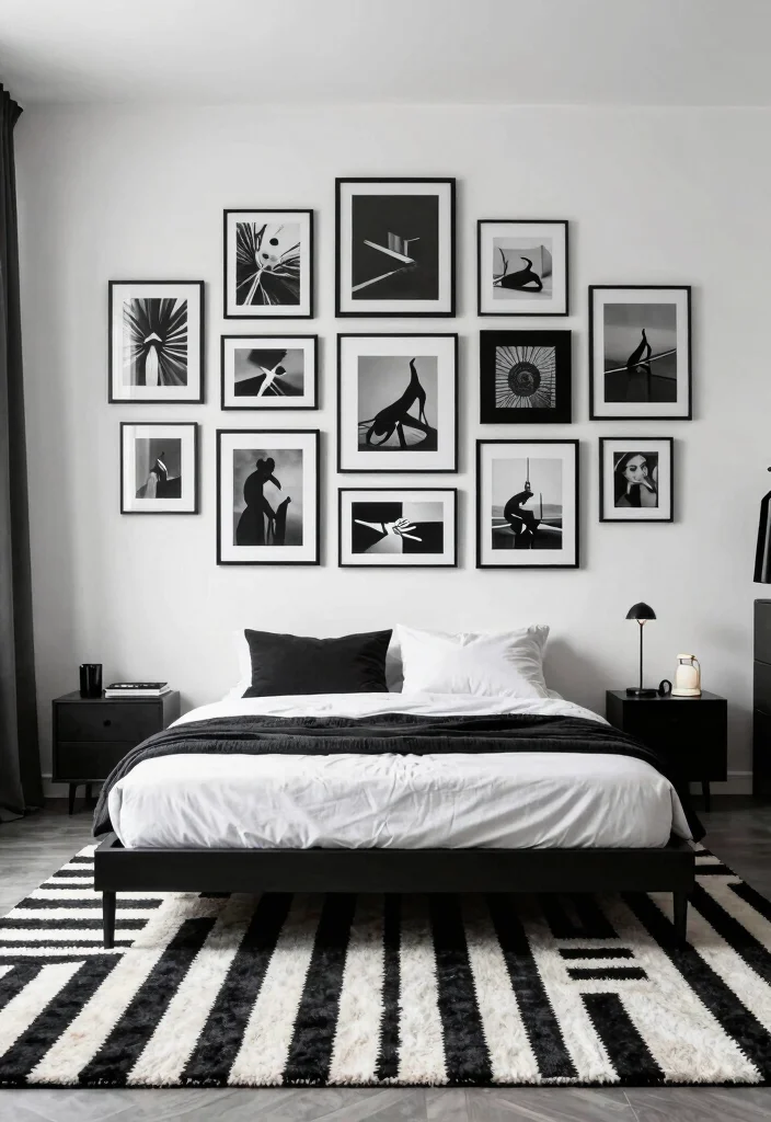 17 Black and White Rug Bedroom Ideas With Bold Contrast - 5. Monochrome Gallery Wall 1