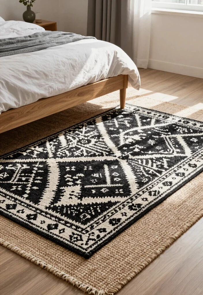 17 Black and White Rug Bedroom Ideas With Bold Contrast - 6. Layering Rugs for Depth 1