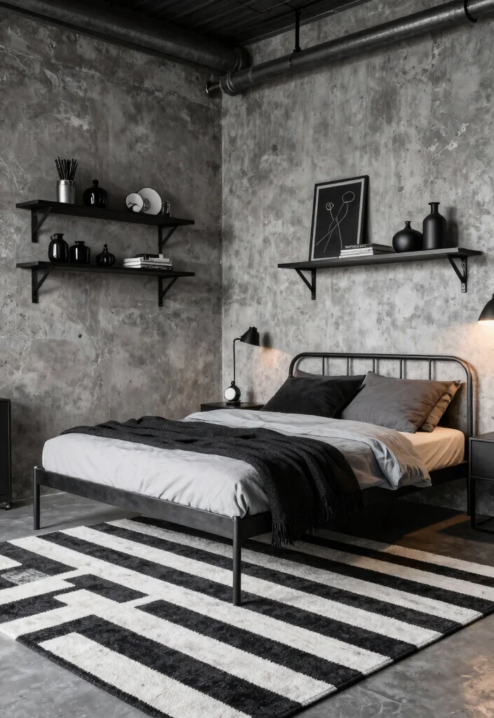17 Black and White Rug Bedroom Ideas With Bold Contrast - 9. Industrial Edge with Monochrome 1