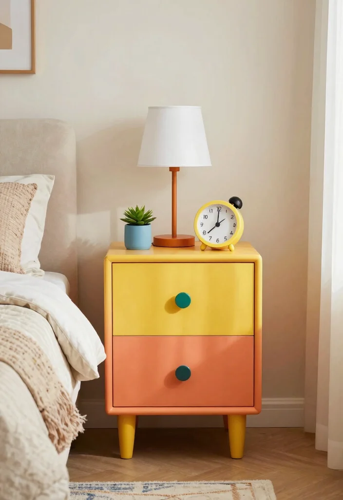17 Narrow Nightstand Ideas That Fit Tiny Spaces - 17. Colorful Nightstand 1