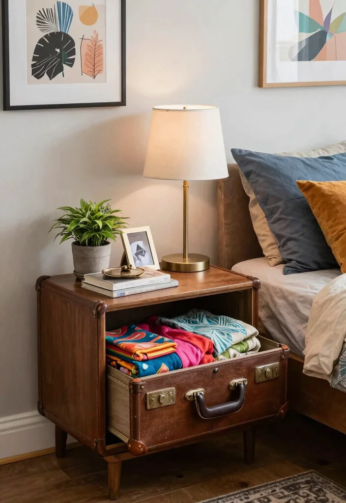 17 Narrow Nightstand Ideas That Fit Tiny Spaces - 3. Vintage Suitcase Nightstand 1