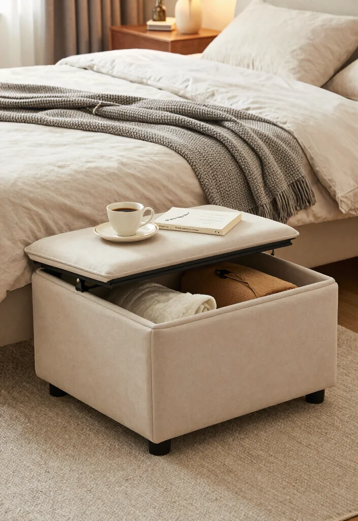 17 Narrow Nightstand Ideas That Fit Tiny Spaces - 4. Multi-Functional Storage Ottoman 1