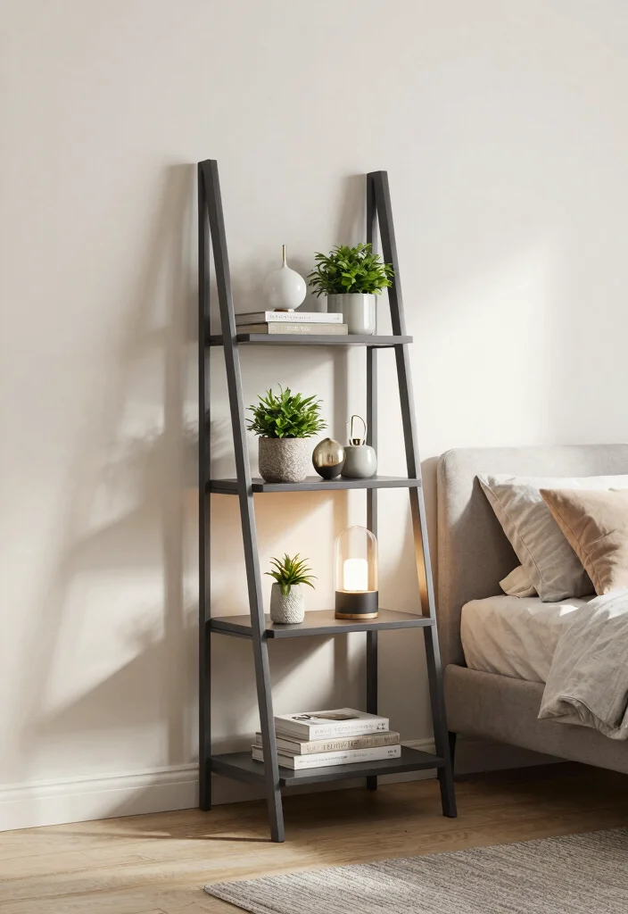17 Narrow Nightstand Ideas That Fit Tiny Spaces - 5. Ladder Shelf Nightstand 1