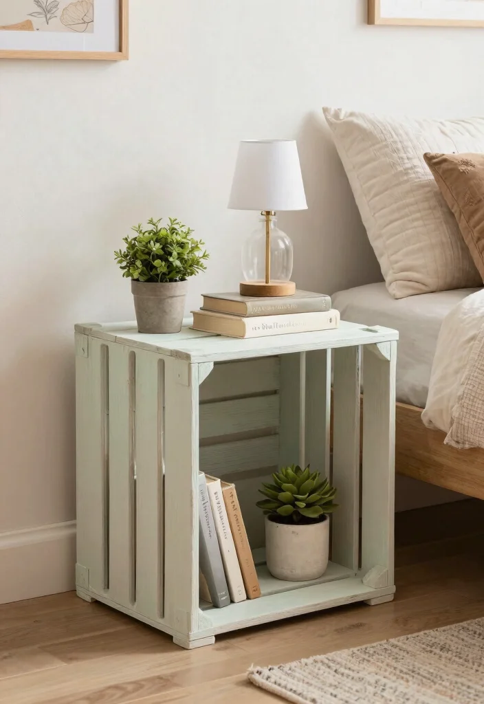 17 Narrow Nightstand Ideas That Fit Tiny Spaces - 7. Repurposed Wood Crate Nightstand 1